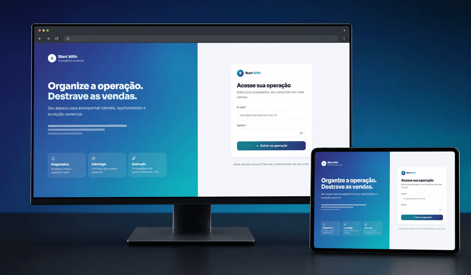 Tela de acesso do CRM Start With apresentada em monitor e tablet